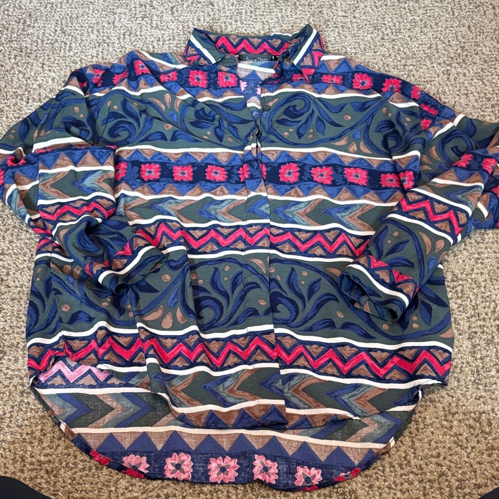 Lemon Grass Red Blue Multicolor Patterned Shirt Large